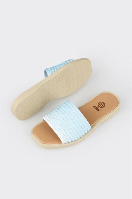 Blue Leather Women's Flat Slipper-Blue - 5