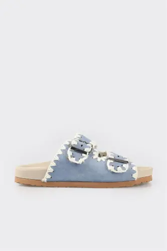 Blue Leather Women's Flat Slippers - 1