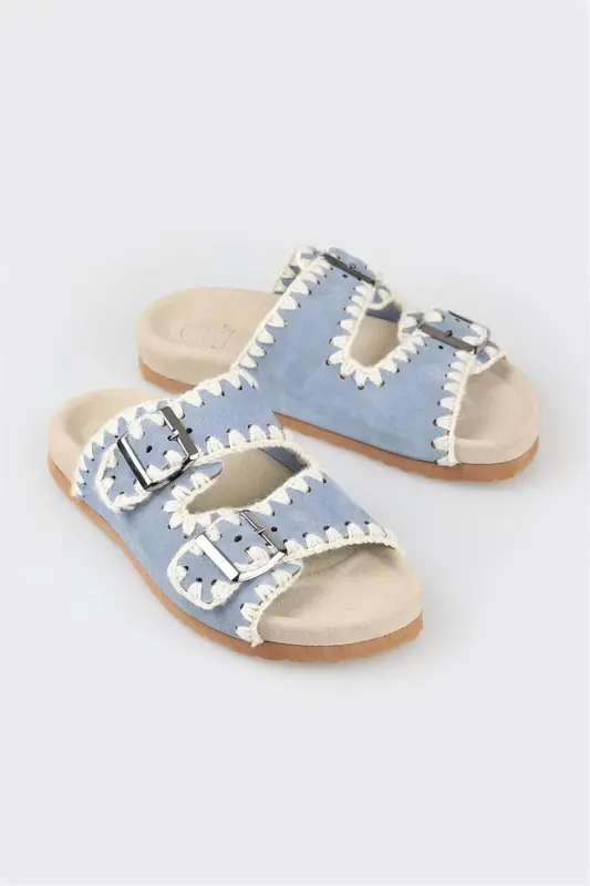 Blue Leather Women's Flat Slippers - 2