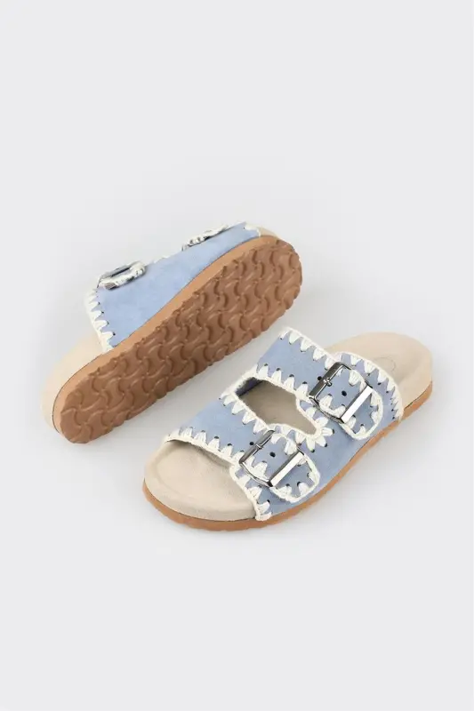 Blue Leather Women's Flat Slippers - 3