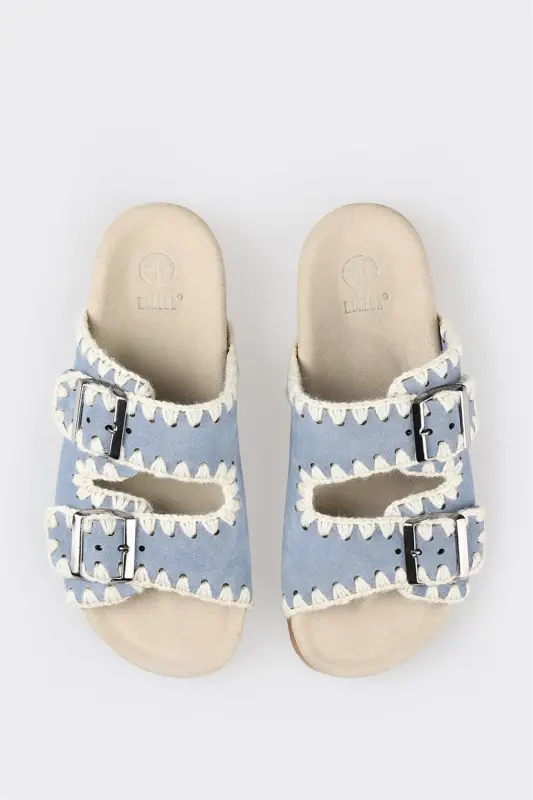 Blue Leather Women's Flat Slippers - 4