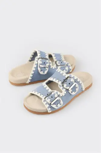 Blue Leather Women's Flat Slippers - 5