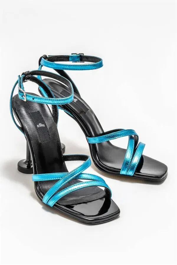 Blue Leather Women's High Heels - 2