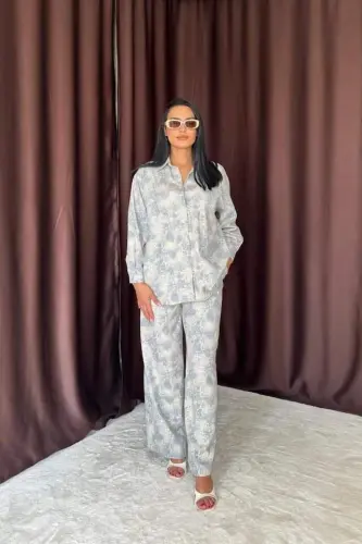 Blue Leopard Print Jacket And Pants Linen Set - BÜYÜKBEDENIZ (1)