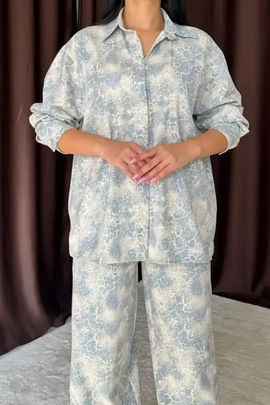 Blue Leopard Print Jacket And Pants Linen Set - 3