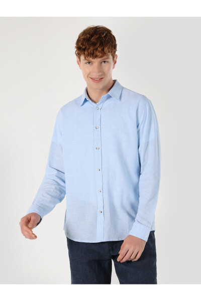 Blue, long-sleeved, regular fit men's shirt. - 4