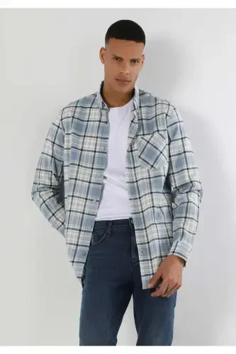 Blue, long-sleeved, regular fit men's shirt with a checkered pocket detail. - 1