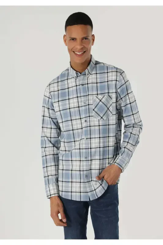 Blue, long-sleeved, regular fit men's shirt with a checkered pocket detail. - 4