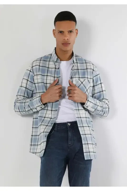 Blue, long-sleeved, regular fit men's shirt with a checkered pocket detail. - 5