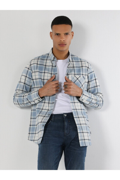 Blue, long-sleeved, regular fit men's shirt with a checkered pocket detail. - 5