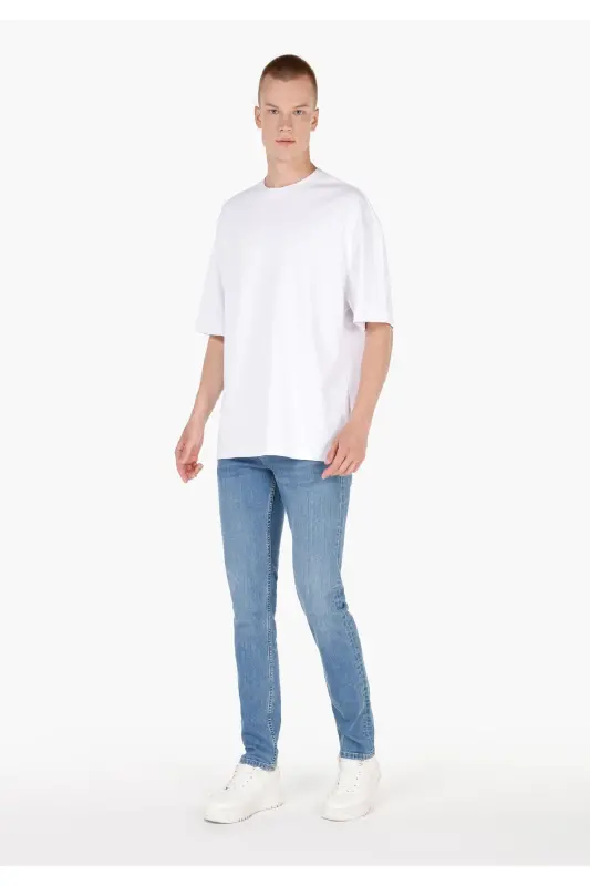 Blue, low waist, straight leg jean pants for men. - 3