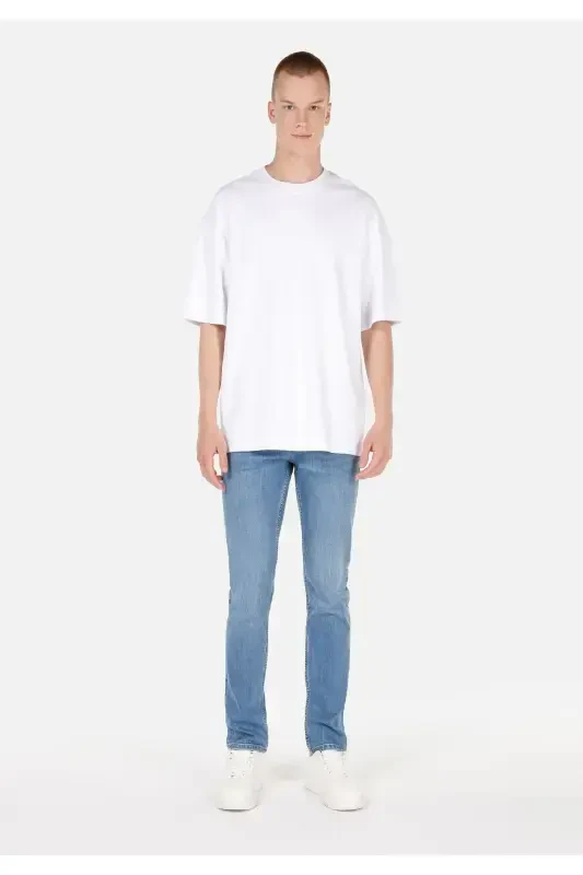 Blue, low waist, straight leg jean pants for men. - 1