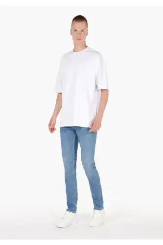 Blue, low waist, straight leg jean pants for men. - 3