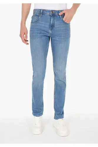 Blue, low waist, straight leg jean pants for men. - 4