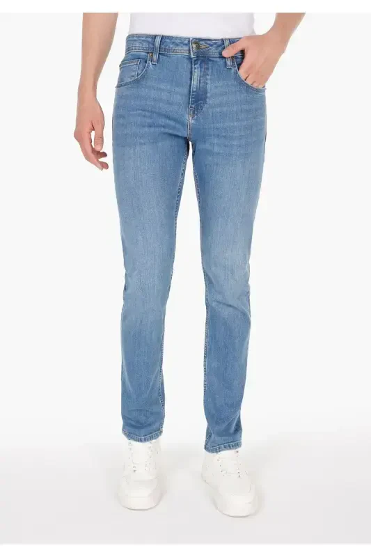 Blue, low waist, straight leg jean pants for men. - 4