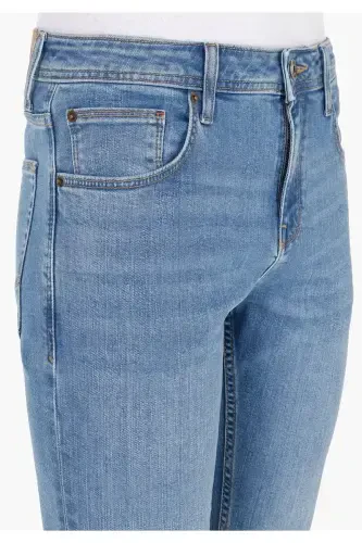 Blue, low waist, straight leg jean pants for men. - 5