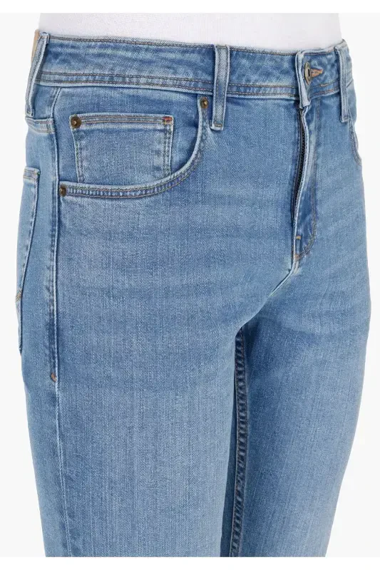 Blue, low waist, straight leg jean pants for men. - 5