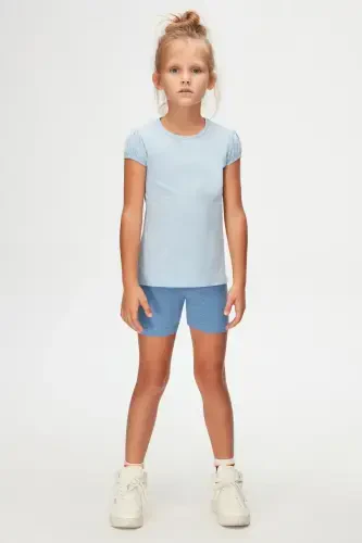 Blue Melange Basic Girls' Crew Neck Watermelon Sleeve T-shirt-BLUE MELANGE - 1