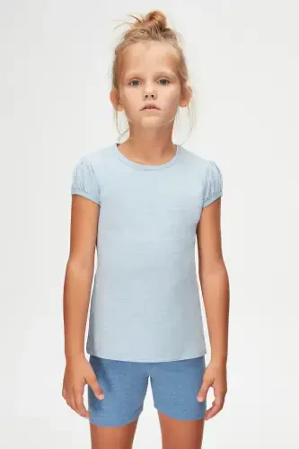 Blue Melange Basic Girls' Crew Neck Watermelon Sleeve T-shirt-BLUE MELANGE - LOVETTI (1)