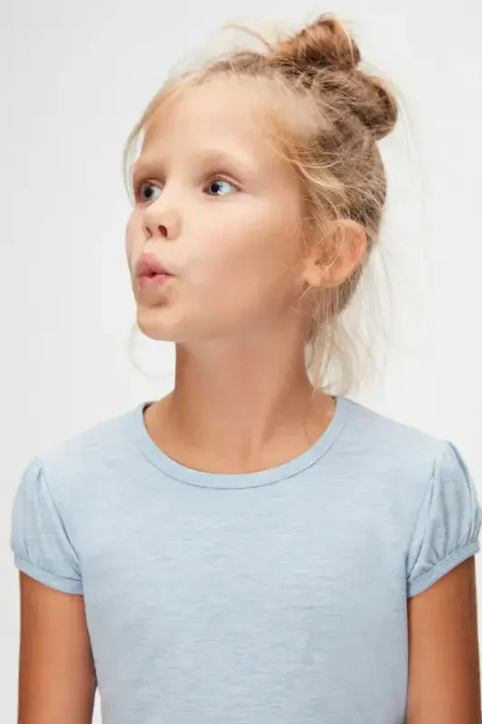 Blue Melange Basic Girls' Crew Neck Watermelon Sleeve T-shirt-BLUE MELANGE - 3