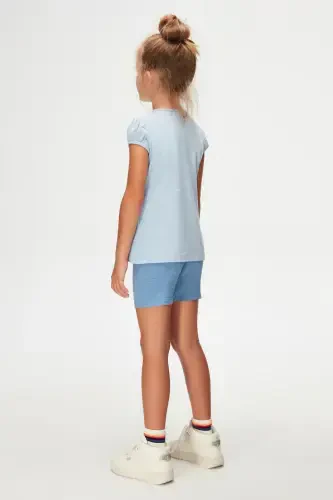 Blue Melange Basic Girls' Crew Neck Watermelon Sleeve T-shirt-BLUE MELANGE - 4