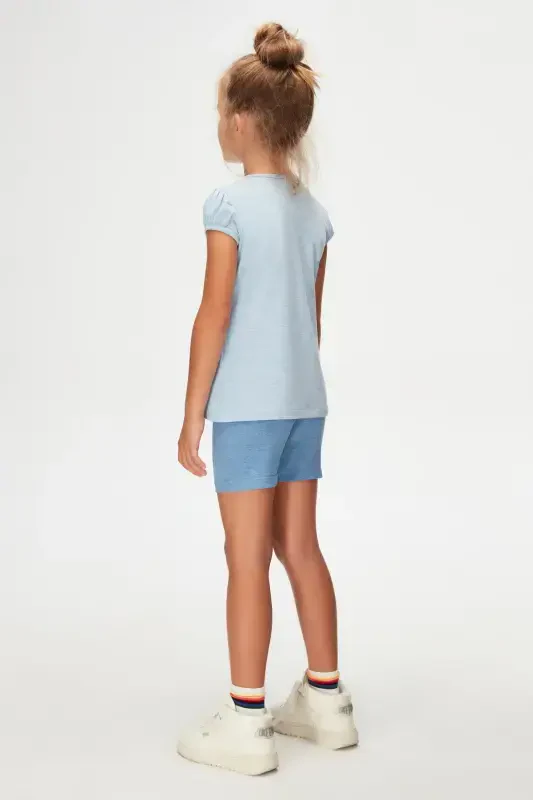 Blue Melange Basic Girls' Crew Neck Watermelon Sleeve T-shirt-BLUE MELANGE - 4