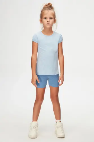 Blue Melange Basic Girls Crew Neck Watermelon Sleeve T-Shirt - BLUE MELANGE 