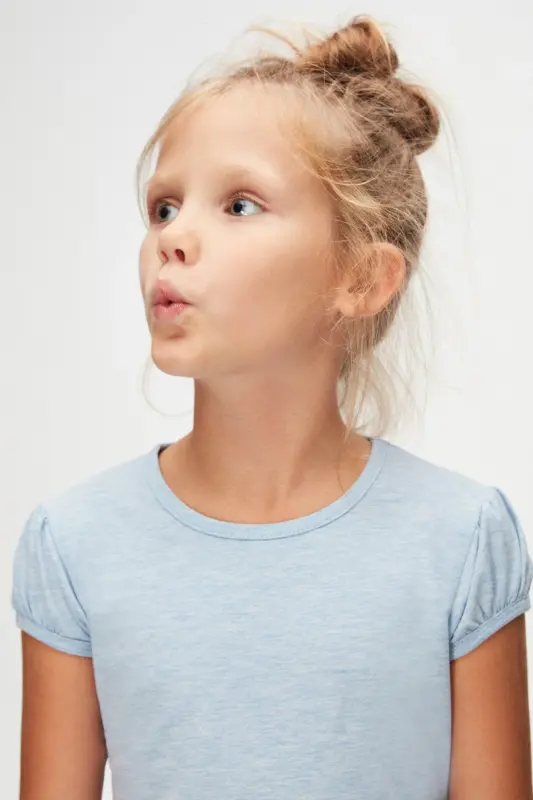 Blue Melange Basic Girls Crew Neck Watermelon Sleeve T-Shirt - BLUE MELANGE - 3