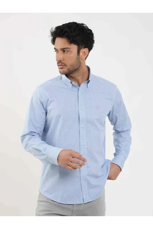 Blue Men's Regular Fit Pitikare Patterned Button-Down Collar Long Sleeve Shirt - 98284 - 1