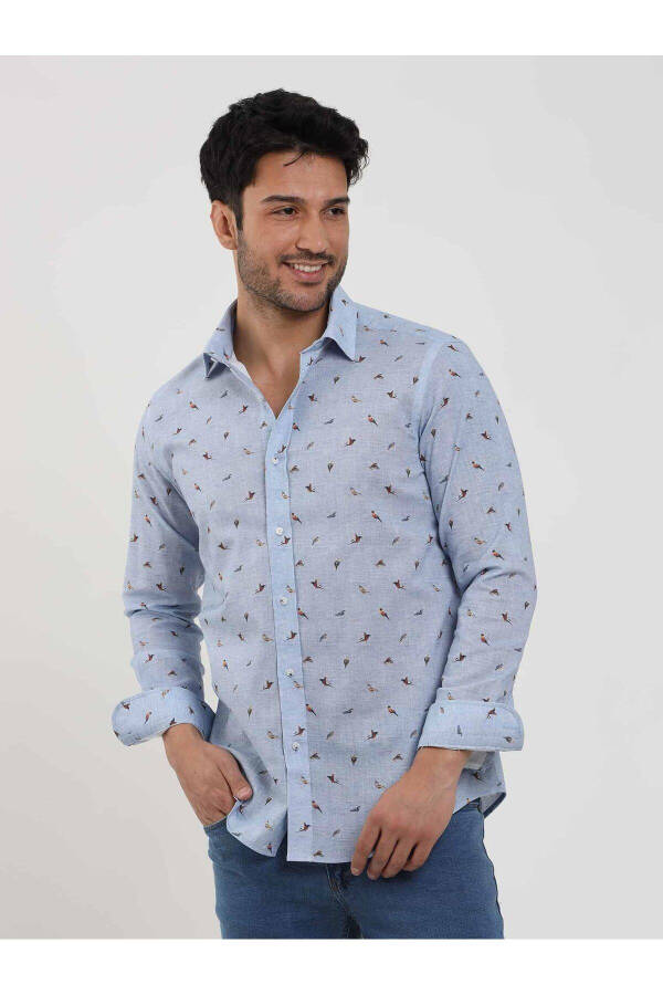 Blue Men's Slim Fit Bird Patterned Brent Collar Long Sleeve Shirt - 81624 - 1