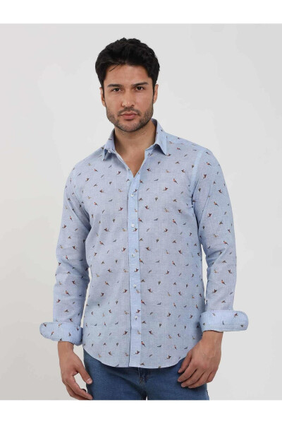 Blue Men's Slim Fit Bird Patterned Brent Collar Long Sleeve Shirt - 81624 - 2