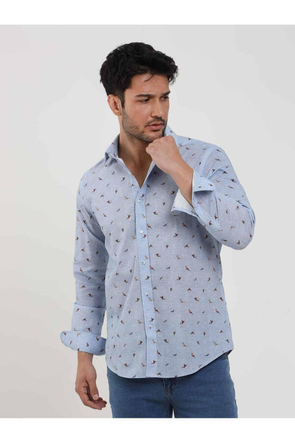 Blue Men's Slim Fit Bird Patterned Brent Collar Long Sleeve Shirt - 81624 - 4