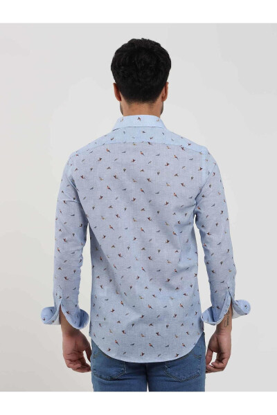 Blue Men's Slim Fit Bird Patterned Brent Collar Long Sleeve Shirt - 81624 - 5