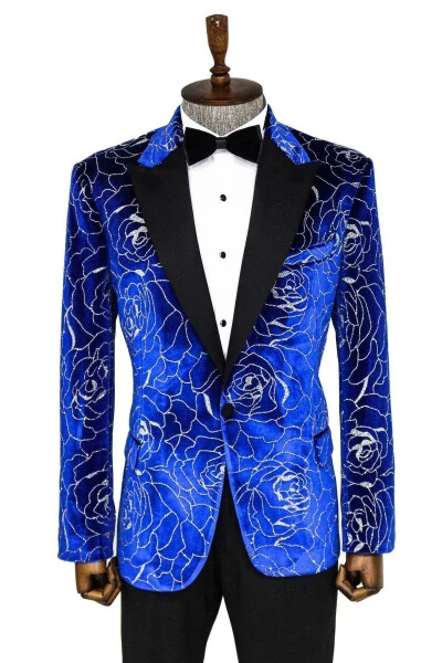 Blue Men's Tuxedo Jacket with Silver Rose Pattern - Wessi - WESSI
