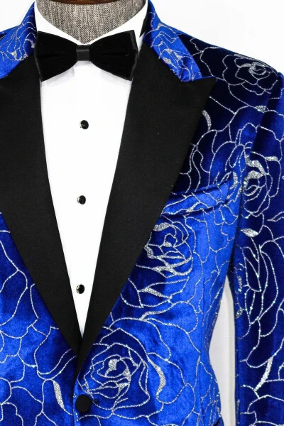 Blue Men's Tuxedo Jacket with Silver Rose Pattern - Wessi - WESSI (1)