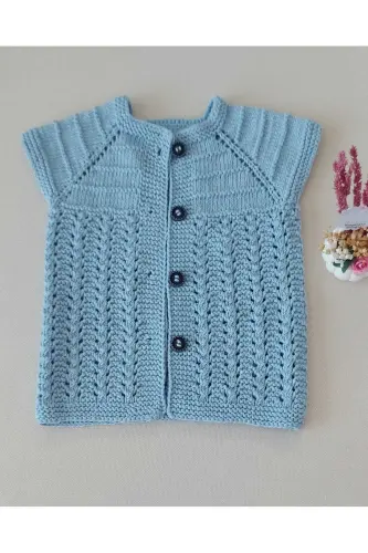 Blue Newborn Baby Hand Knit Cotton Vest Buttoned Birth Gift 0-12 Months 