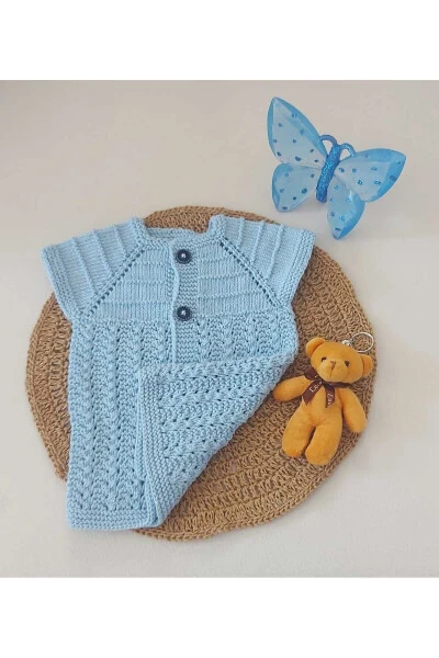 Blue Newborn Baby Hand Knit Cotton Vest Buttoned Birth Gift 0-12 Months - BEGİN (1)