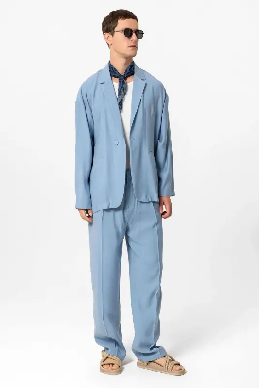 Blue Oversize Unlined Men's Blazer Jacket - Blue - 4