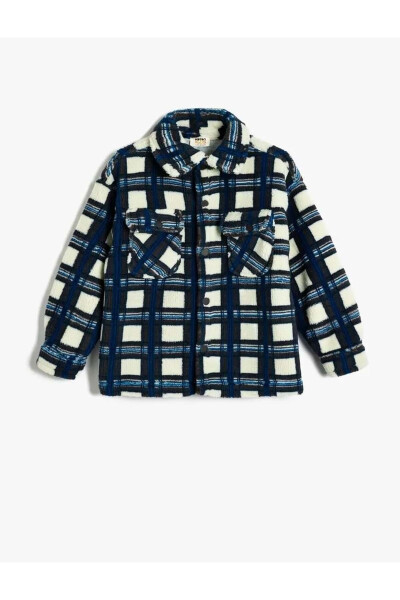 Blue plaid, long-sleeved, pocket detailed plush shirt jacket. - 17