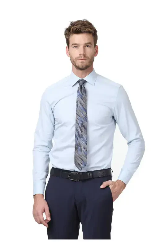 Blue Plain Fitted Fit Woven Classic Cotton Blend Shirt - RAMSEY