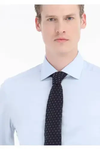 Blue Plain Slim Fit Woven Classic Cotton Blend Shirt - 4