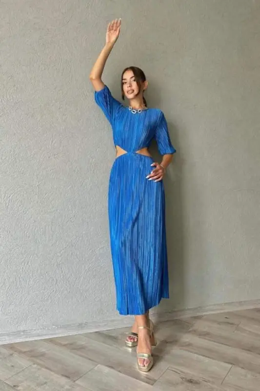 Blue Pleated Dress - BÜYÜKBEDENIZ