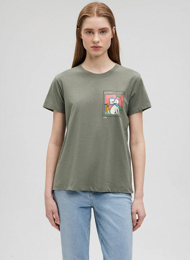 Blue Polo Collar Khaki Women's T-Shirt M1612403-80692-GRAPHIC PRINTED T-SHIRT - 9