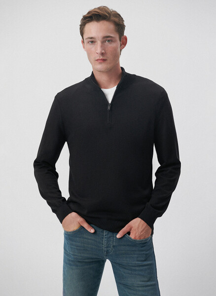 Blue Polo Neck Slim Fit Plain Black Men's Sweater M0710153-900_HALF ZIP SWEATER - 1