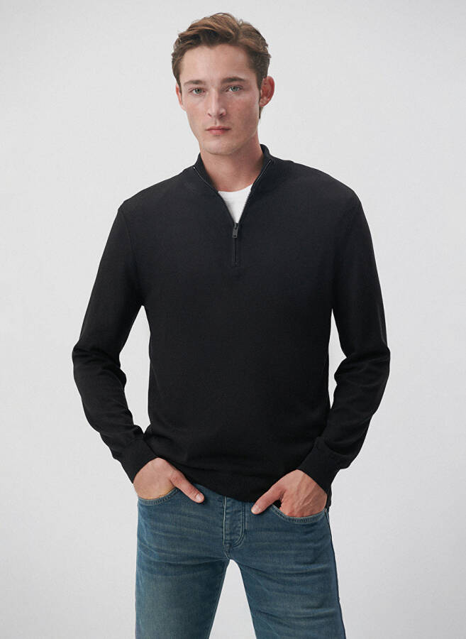 Blue Polo Neck Slim Fit Plain Black Men's Sweater M0710153-900_HALF ZIP SWEATER - 1