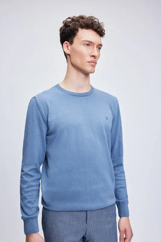 Blue Regular Fit Crew Neck 100% Cotton Knitted Sweater - Blue01-01 - 3