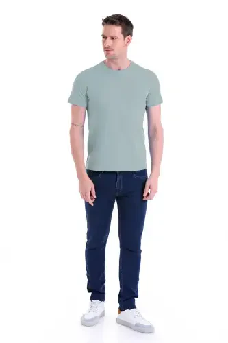 Blue Regular Fit Plain 100% Cotton Crew Neck T-Shirt-Blue - HATEMOĞLU (1)