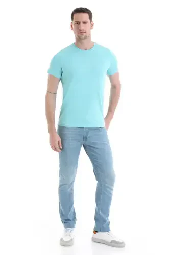 Blue Regular Fit Plain 100% Cotton Crew Neck T-Shirt-MAVI01 - HATEMOĞLU (1)