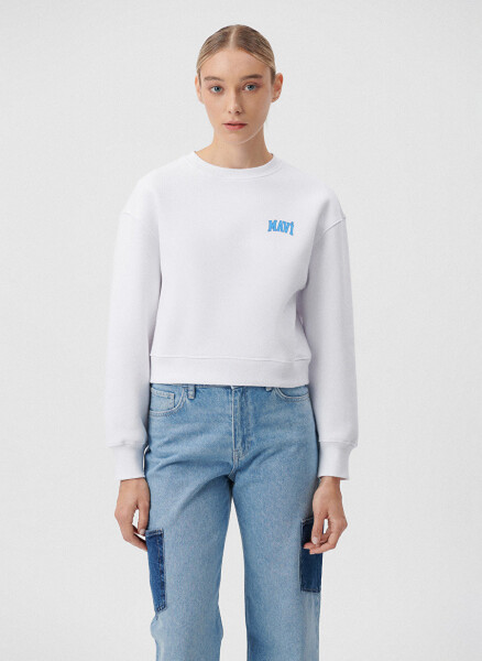 Blue Round Neck White Women's Sweatshirt M1611601-620 LOGO SHORT SWEATSHIRT B - 3