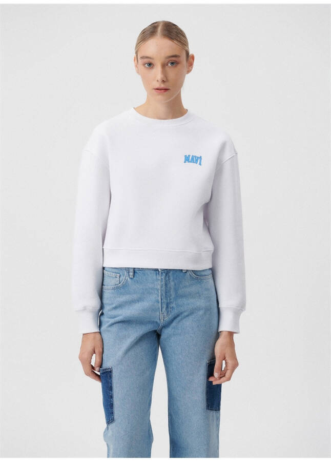 Blue Round Neck White Women's Sweatshirt M1611601-620 LOGO SHORT SWEATSHIRT B - 10